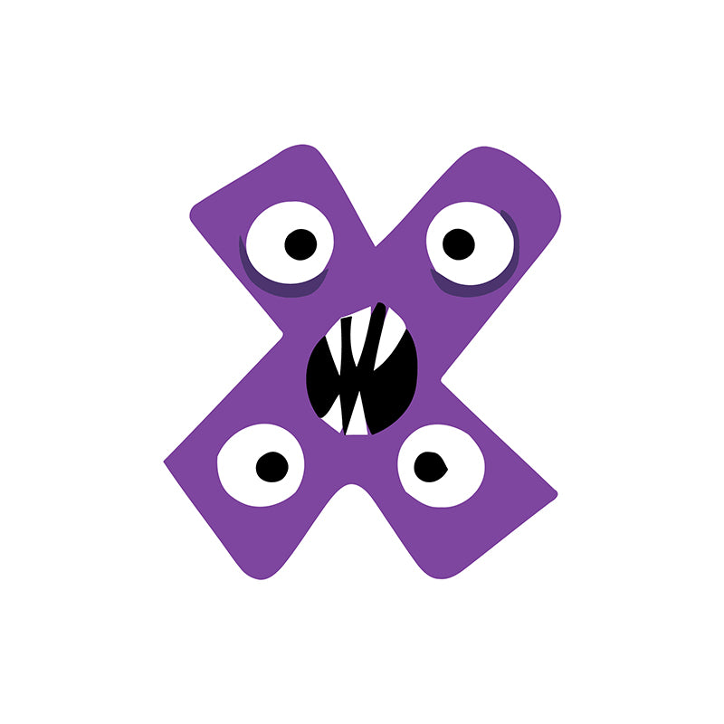 Purple letter 'X' with eyes and a mouth on a white background