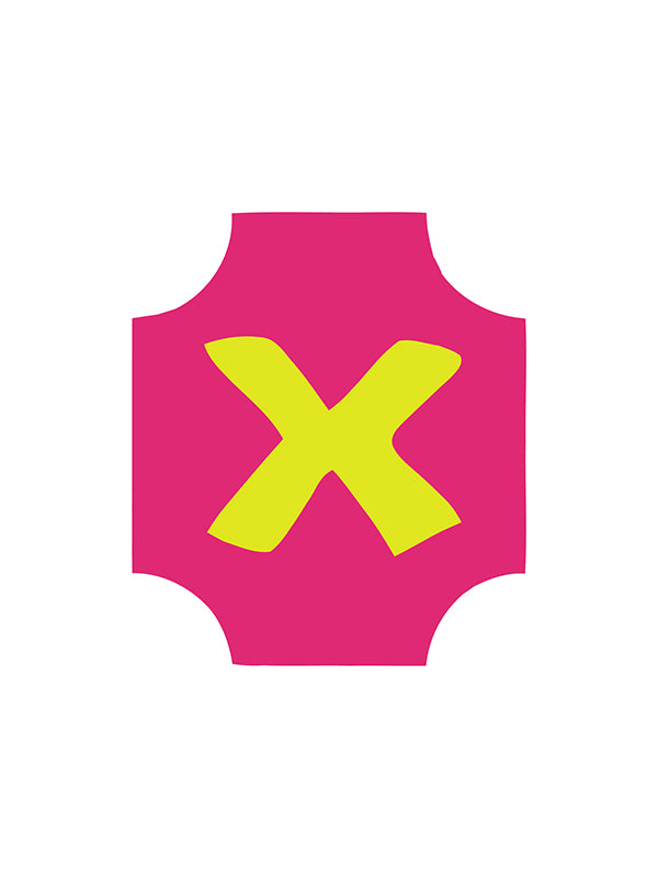 Pink square with a yellow 'X' on a white background