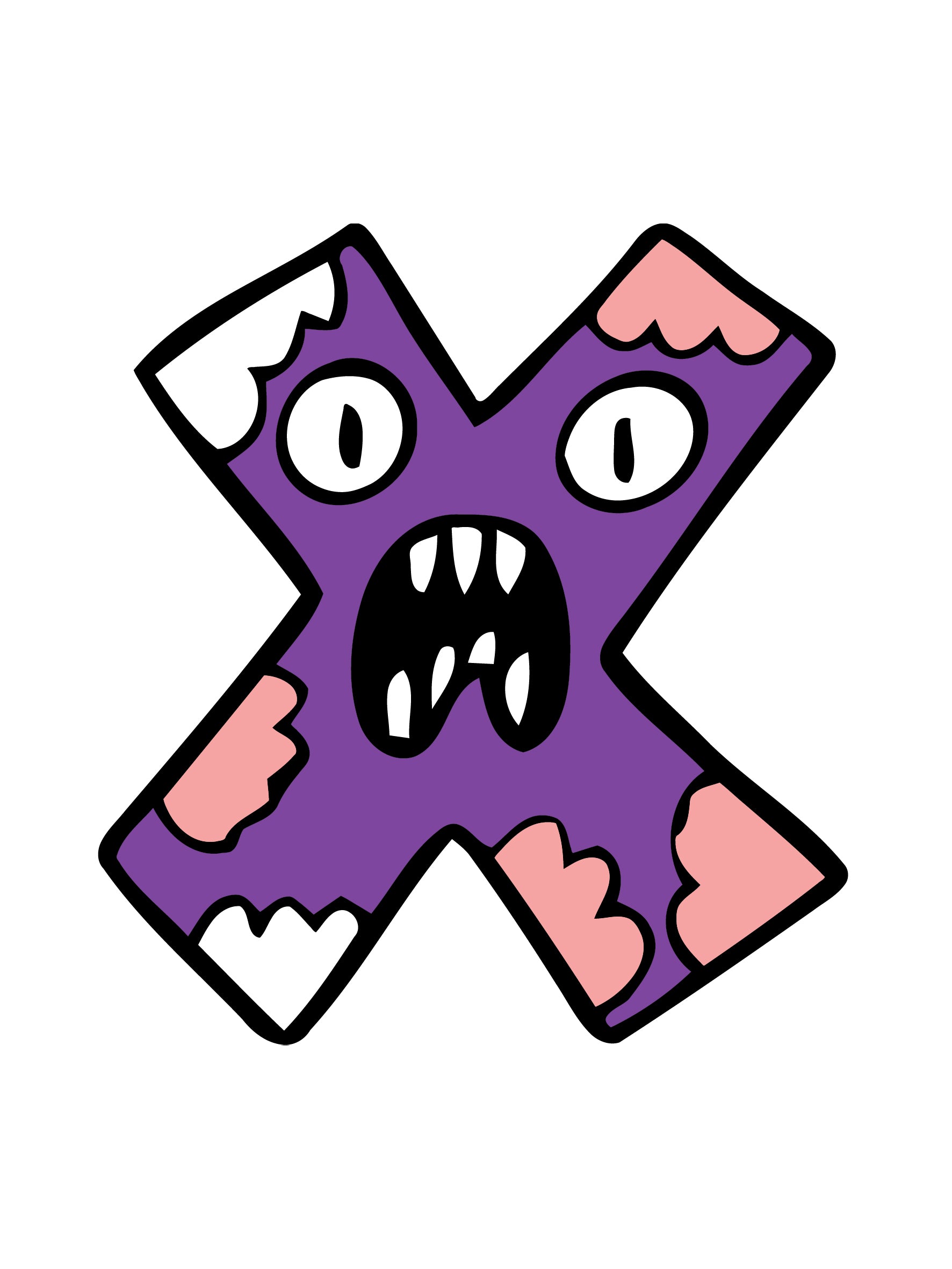 Cartoonish letter 'X' with a surprised expression on a white background