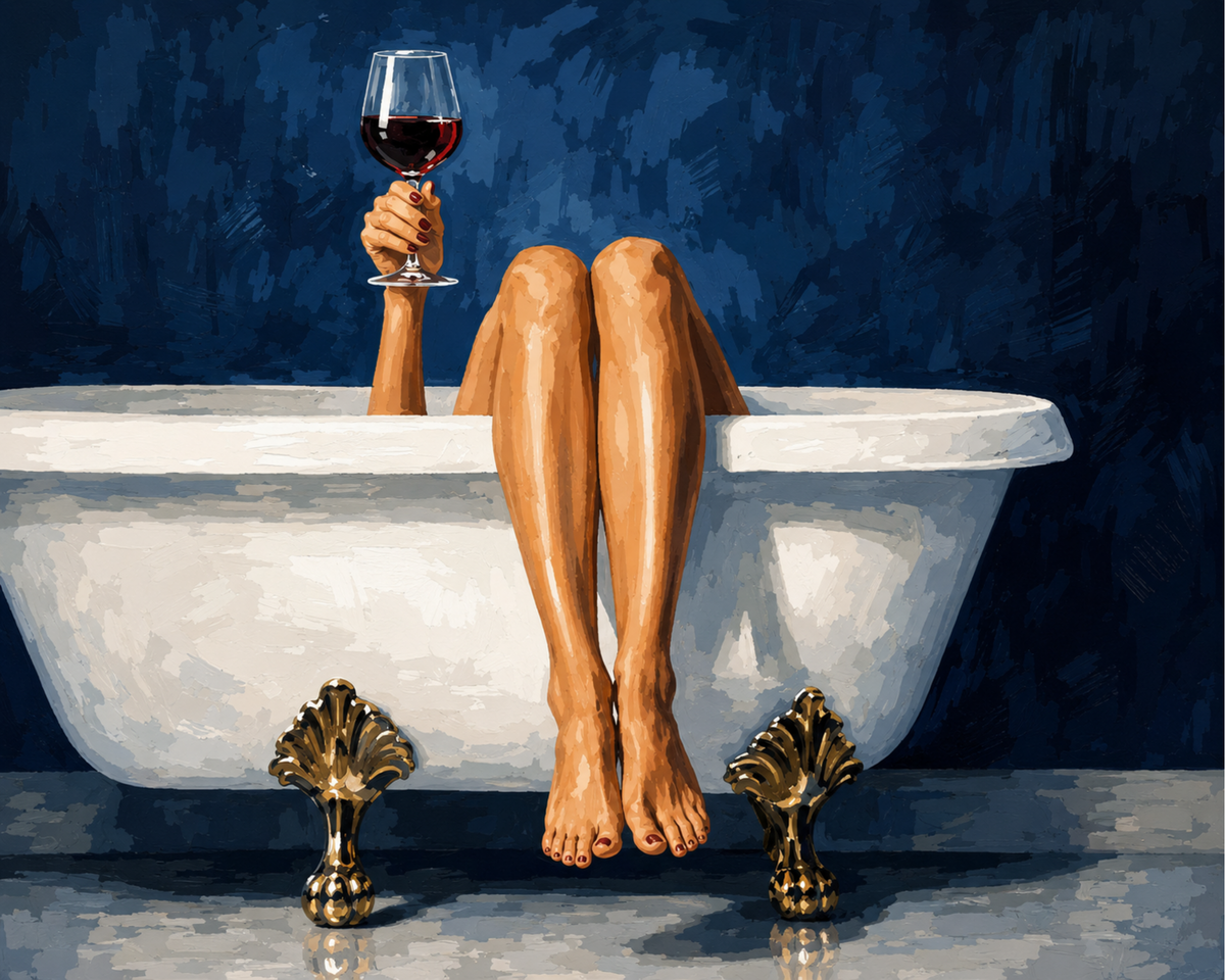 Bare legs draped over a white clawfoot bathtub beside a raised glass of red wine.