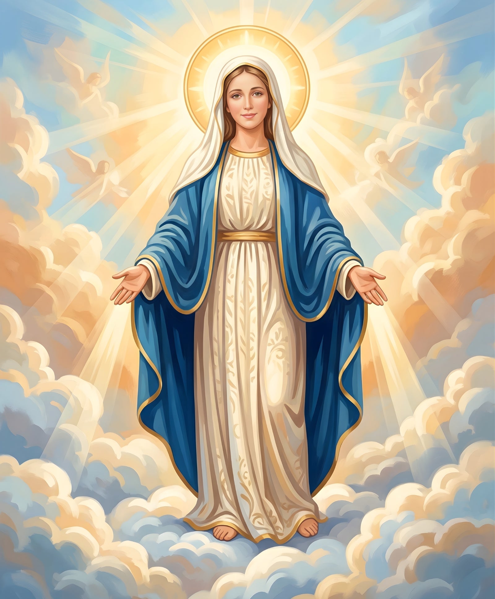 Virgin Mary in blue robes standing among clouds and angels artwork for the Sacred Light Madonna paint by numbers kit