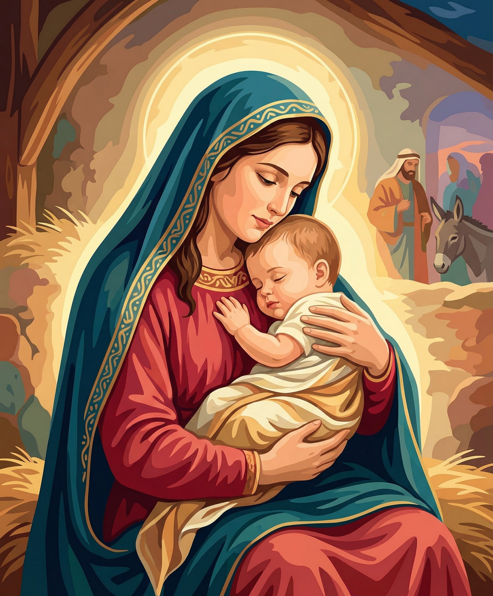 Mary holding sleeping baby Jesus in a warmly lit stable artwork for the Holy Night Embrace paint by numbers kit