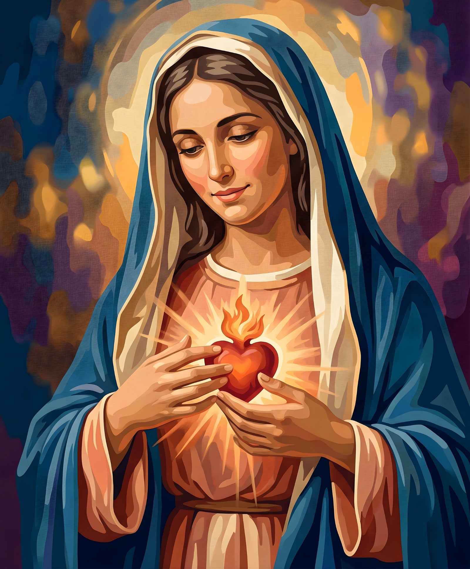 Mary in a blue veil holding a glowing Sacred Heart artwork for the Sacred Heart Grace paint by numbers kit