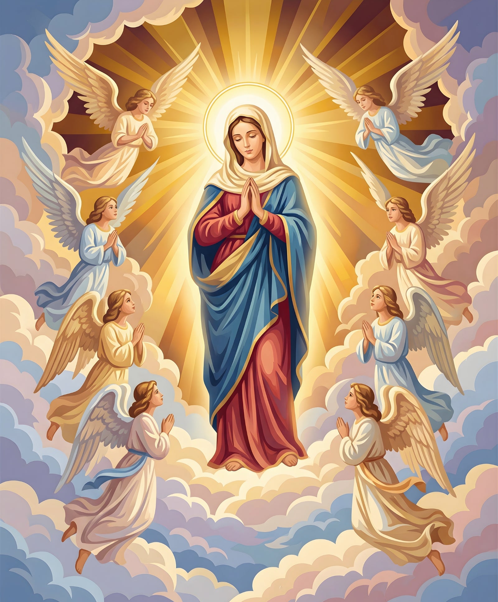 Madonna praying among angels, clouds and golden light artwork for the Heavenly Grace Circle paint by numbers kit