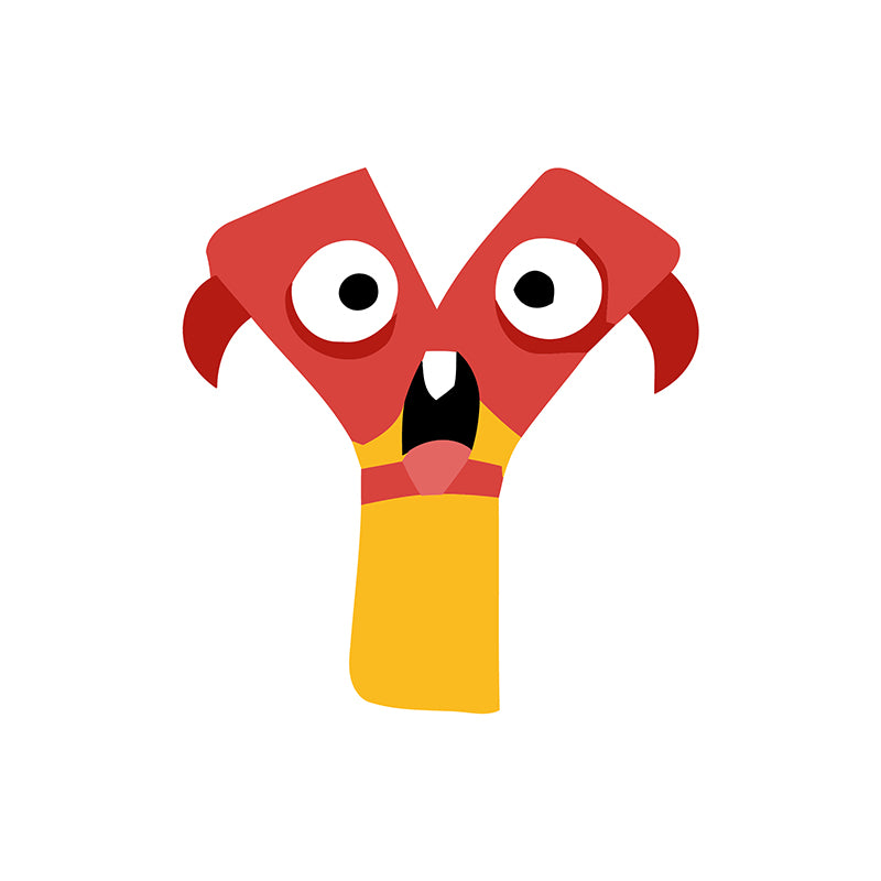 Cartoonish red and yellow character with wide eyes on a white background