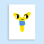 Yellow and blue cartoon-style character on a light blue background