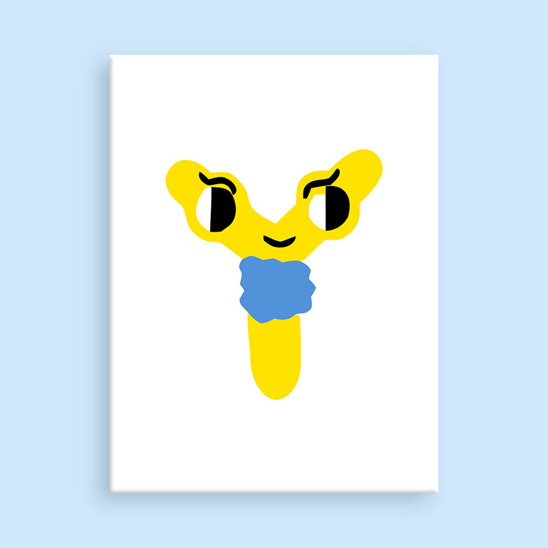 Yellow and blue cartoon-style character on a light blue background