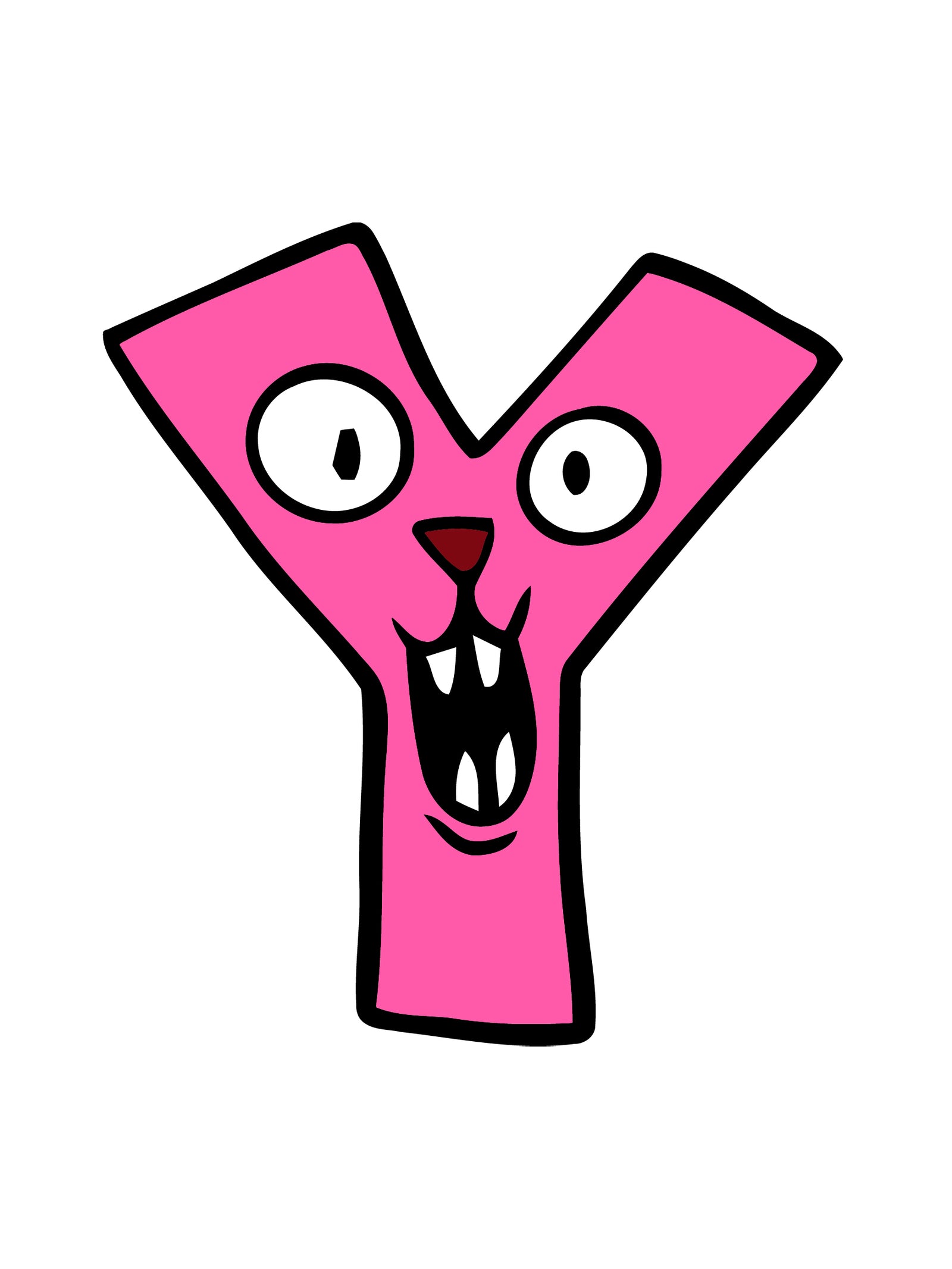 Pink letter 'Y' with a face on a white background