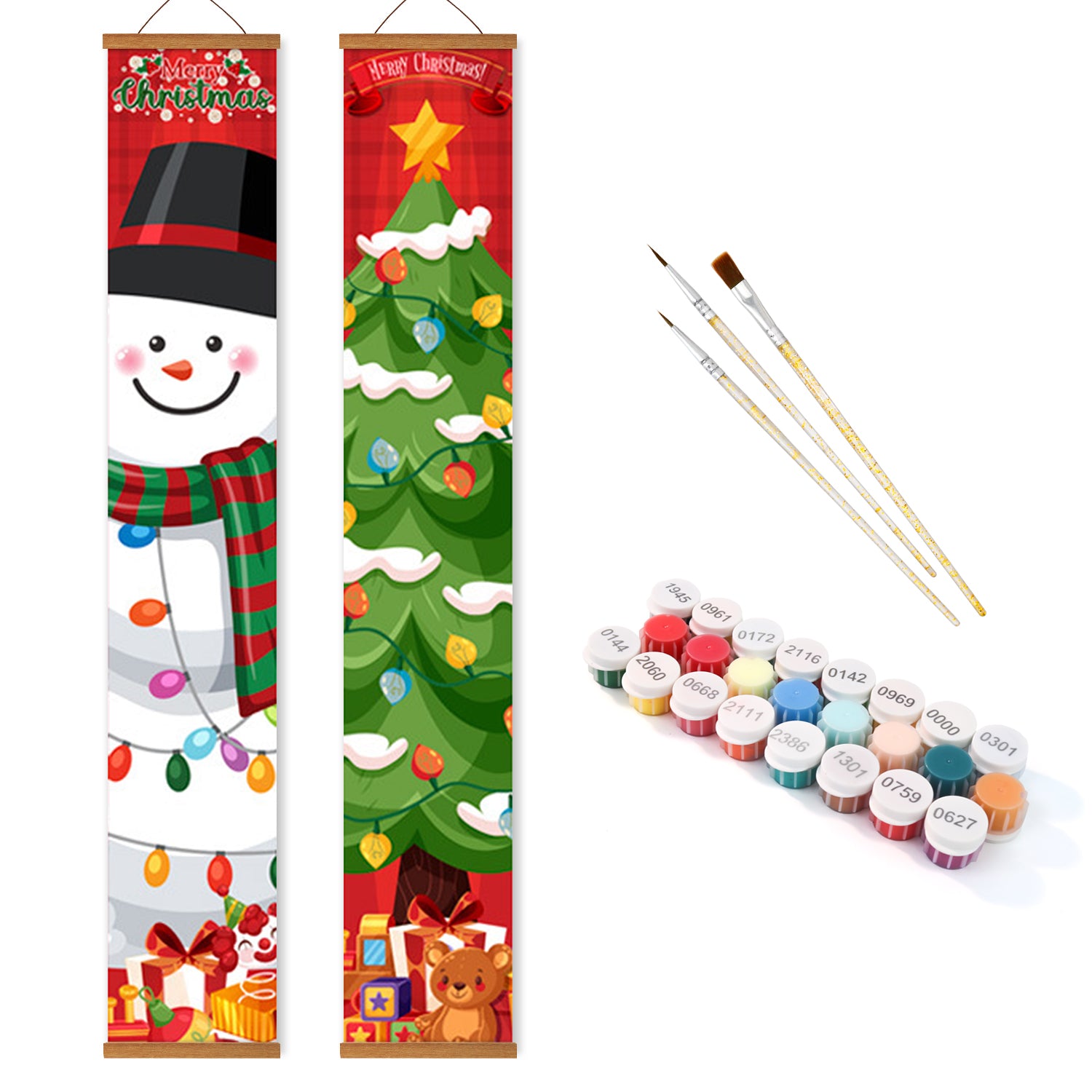 Two Christmas-themed vertical banners with a snowman and tree design, along with paint bottles and brushes on a white background.
