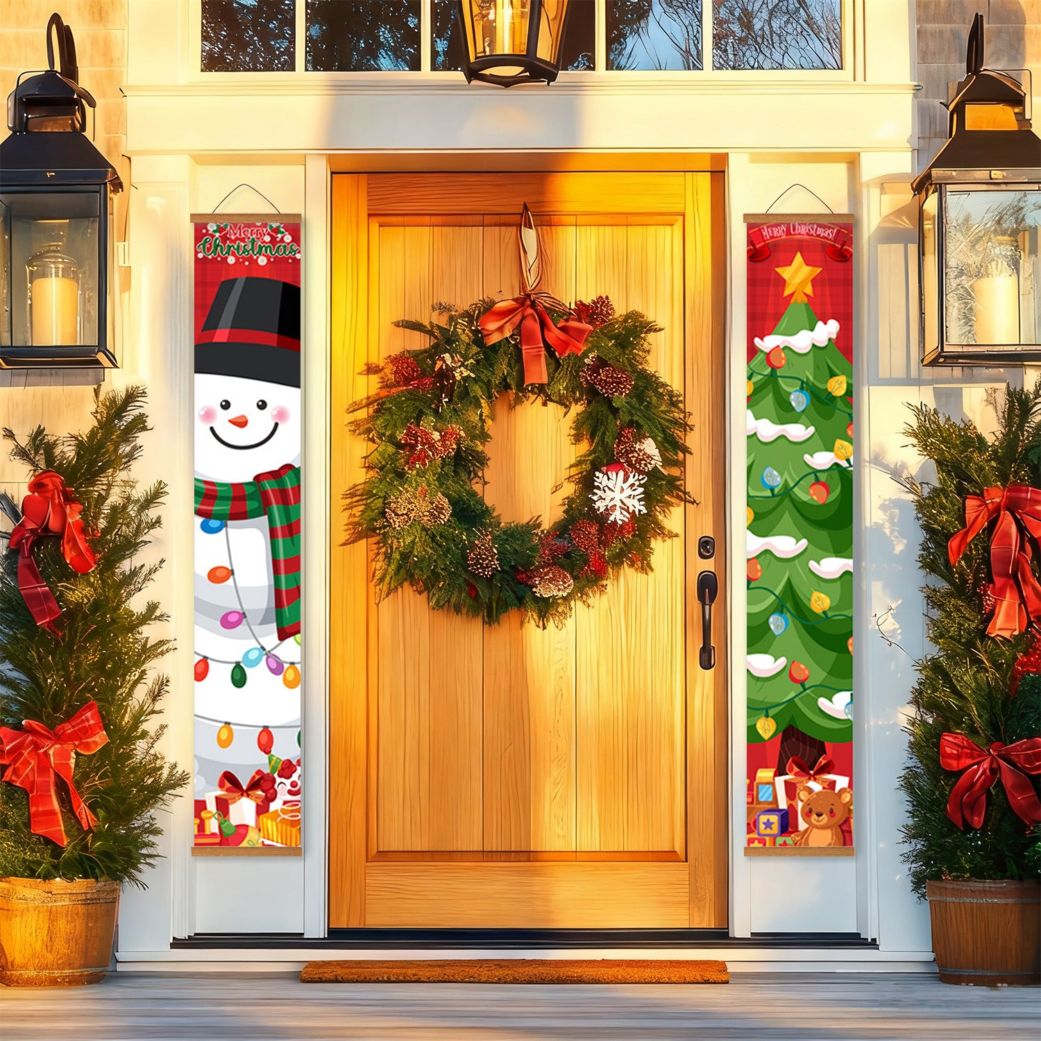 Front door decorated with Christmas wreath and festive banners on a house exterior.