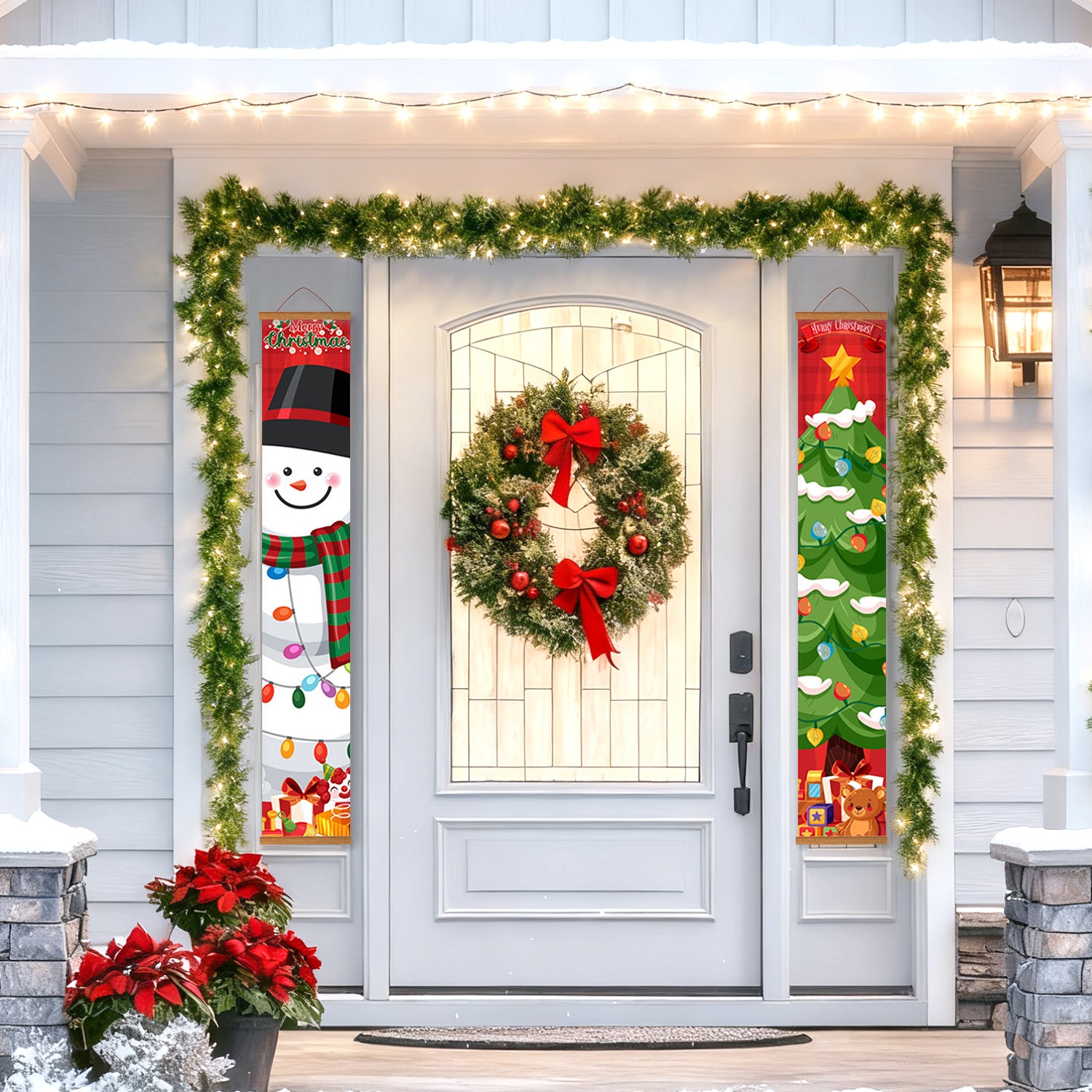 Decorative Christmas door with wreath, snowman banner, and tree banner on a house exterior.