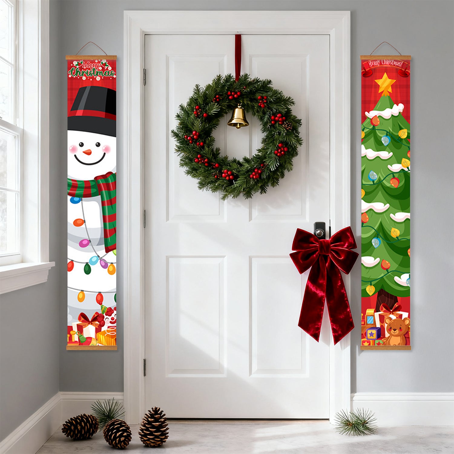 Decorative Christmas door with wreath, bow, and festive banners.