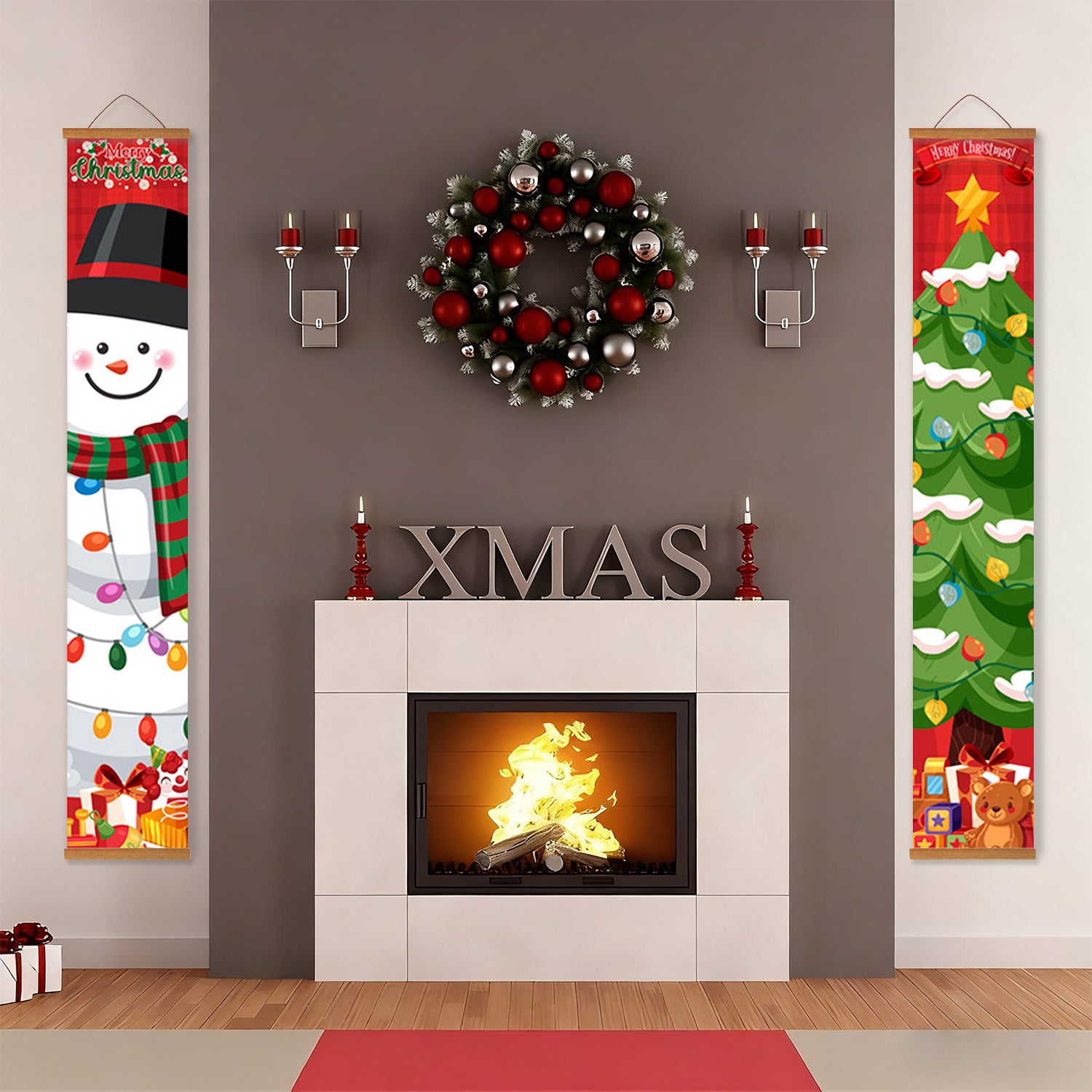 Decorative Christmas scene with a fireplace, wreath, and festive banners.