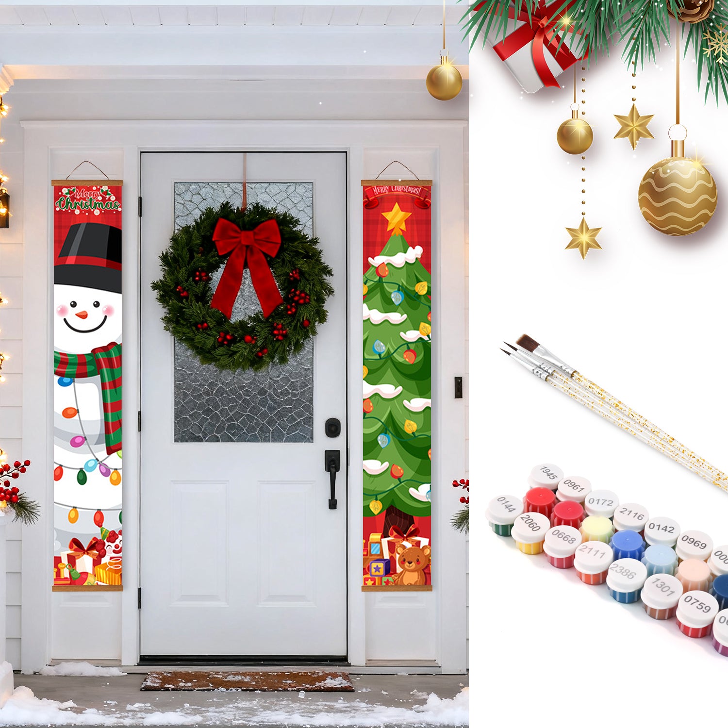 Decorative Christmas banners with a snowman, wreath, and tree design on a door, with paint supplies in the corner.