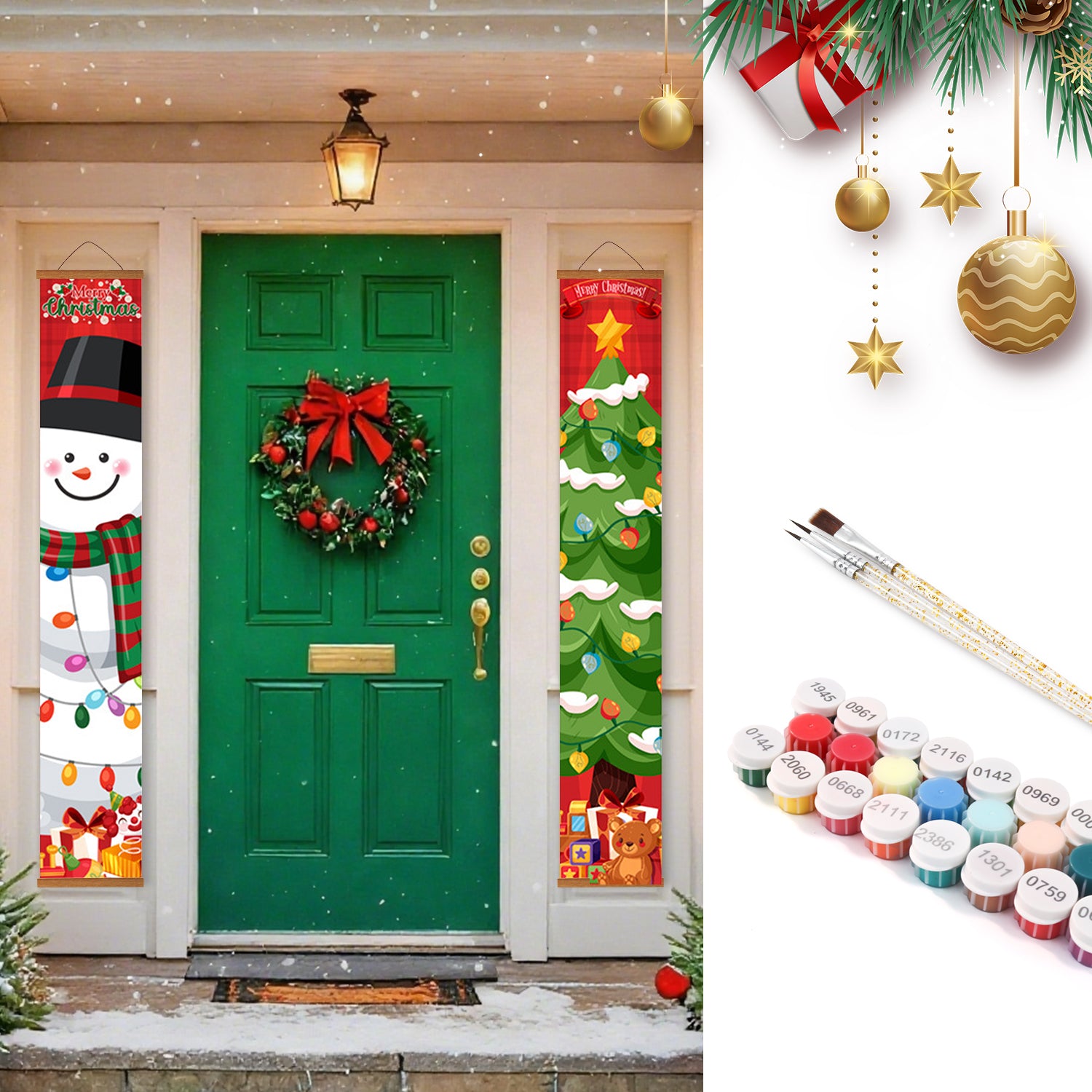 Christmas-themed door decorations with a snowman, wreath, and tree on a green door.