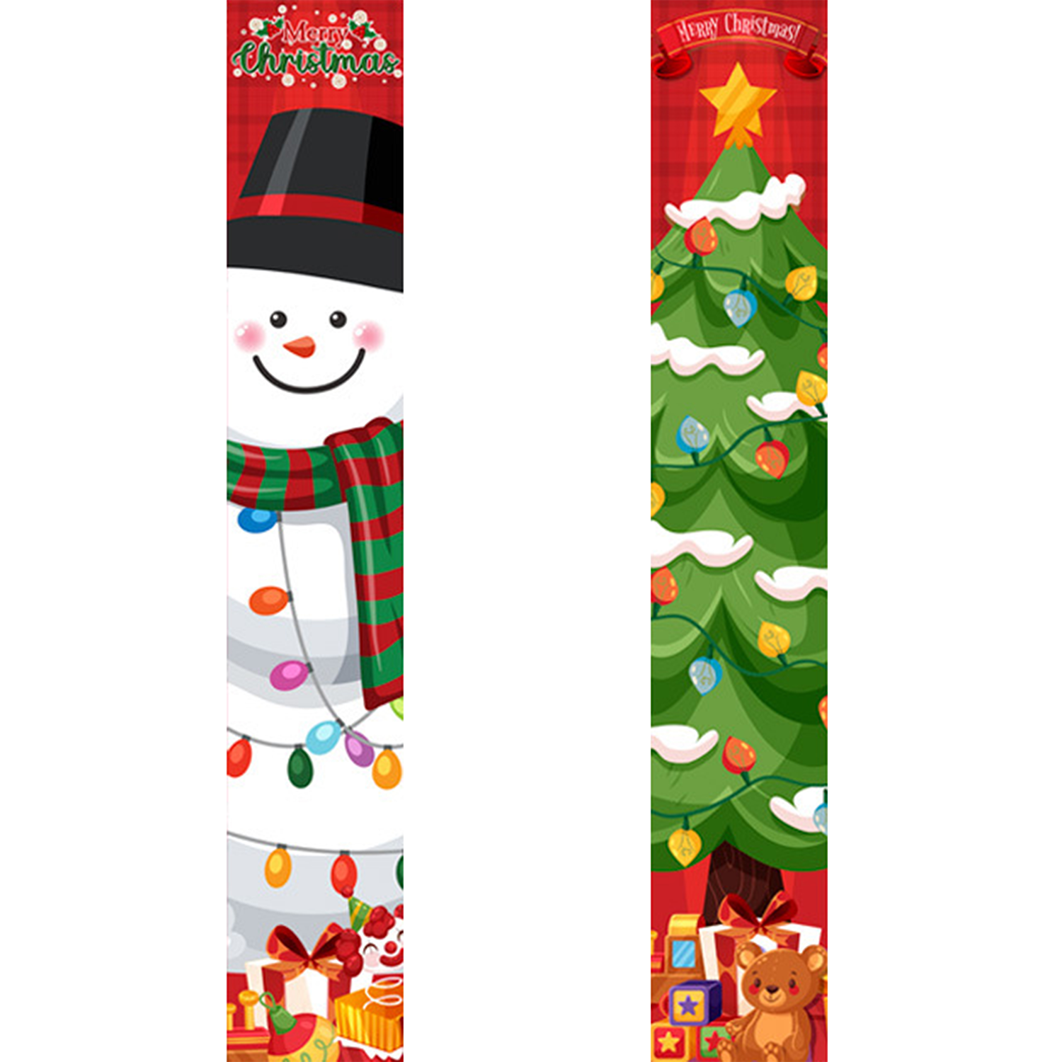 Two Christmas-themed vertical banners featuring a snowman, Christmas tree, and presents.