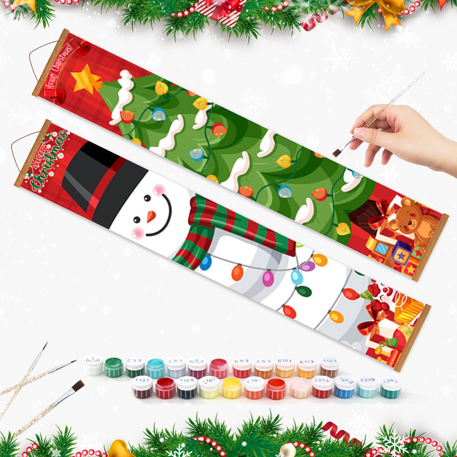 Christmas-themed paint-by-number kit with a snowman design, paint bottles, and brushes on a white background.