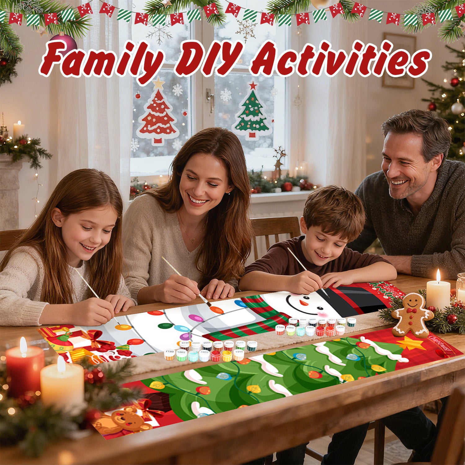Family engaged in a DIY activity at a table with Christmas decorations.