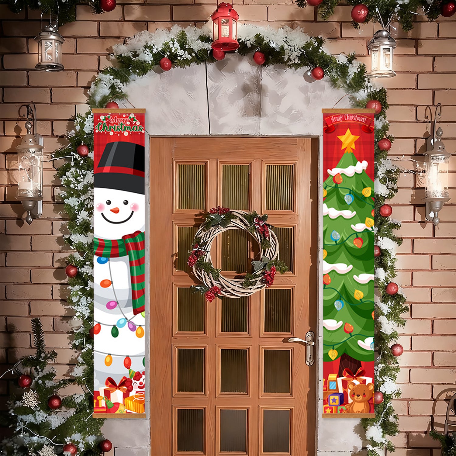 Decorative Christmas door with snowman and tree designs on a wooden door against a brick wall.