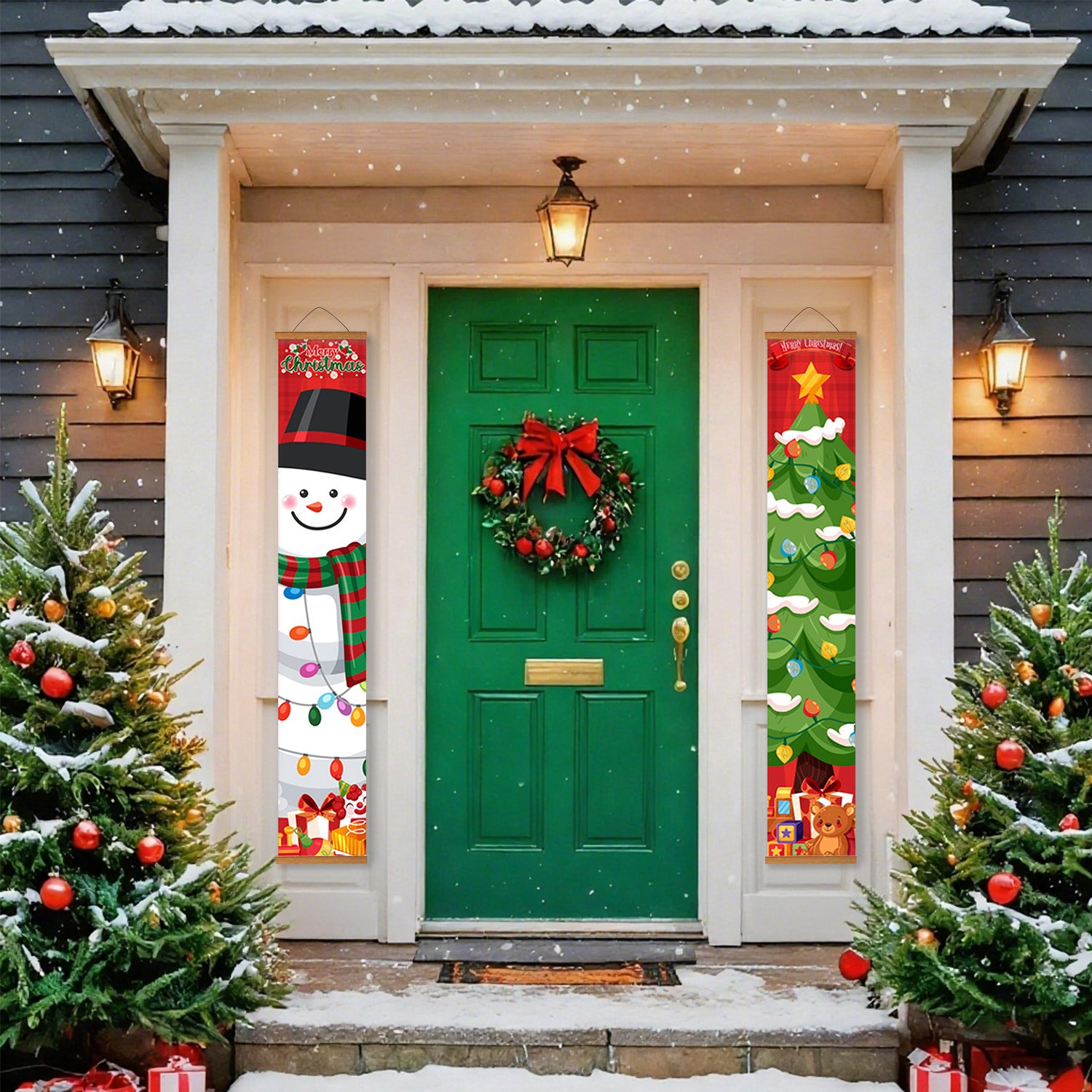 Decorative Christmas scene with a green door, snowman, wreath, and trees on a house exterior.