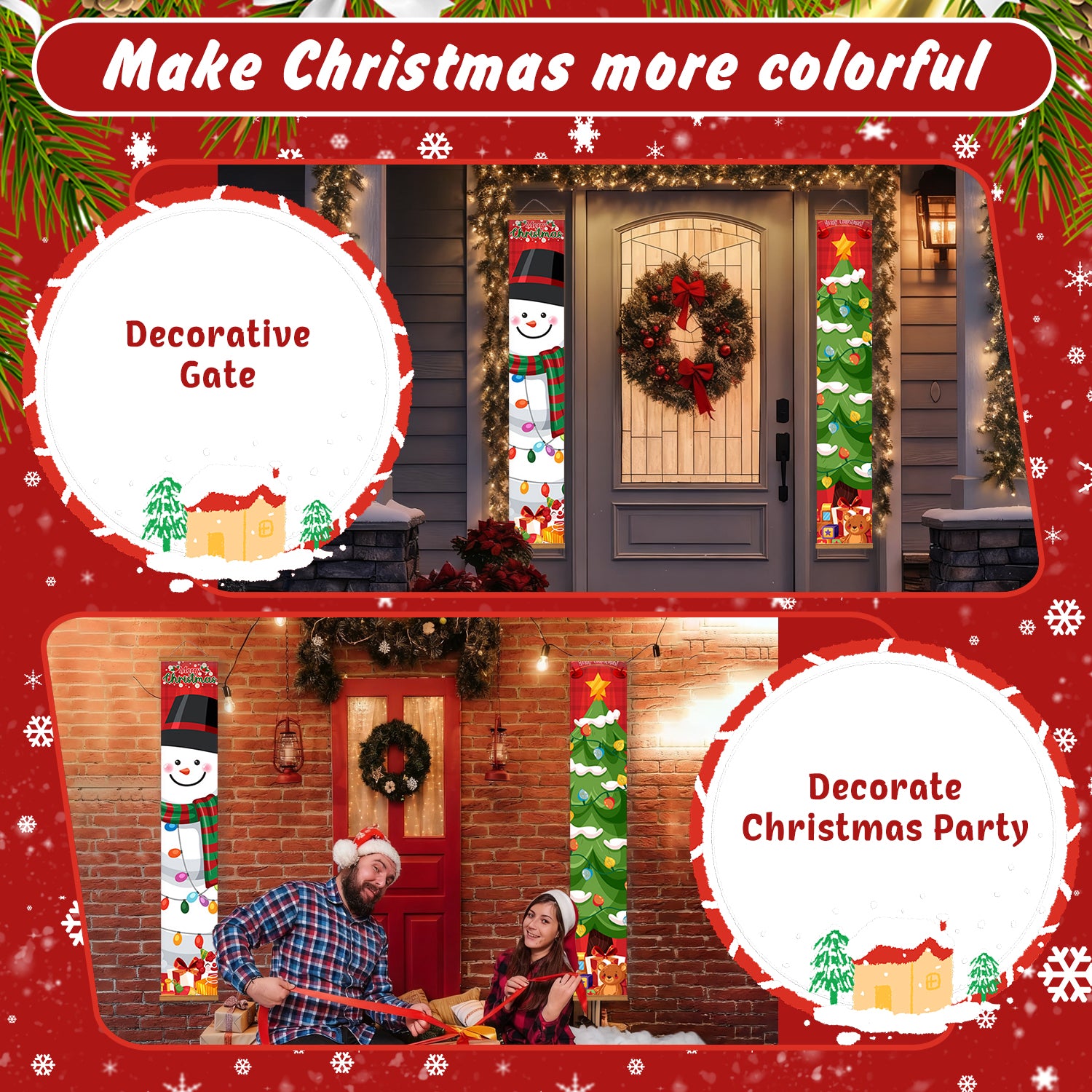 Decorative Christmas gate and party setup with festive decorations.