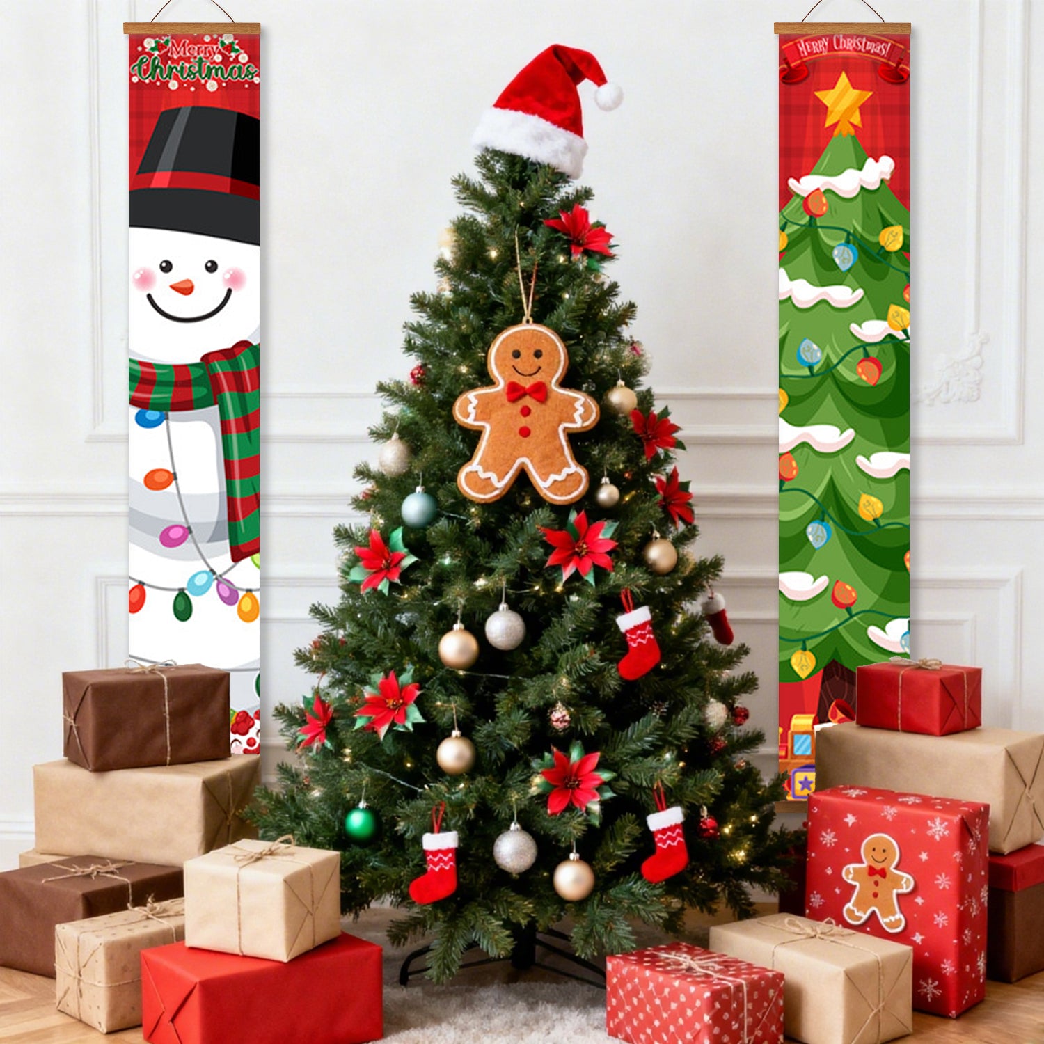 Decorated Christmas tree with ornaments and presents, surrounded by festive wall hangings.