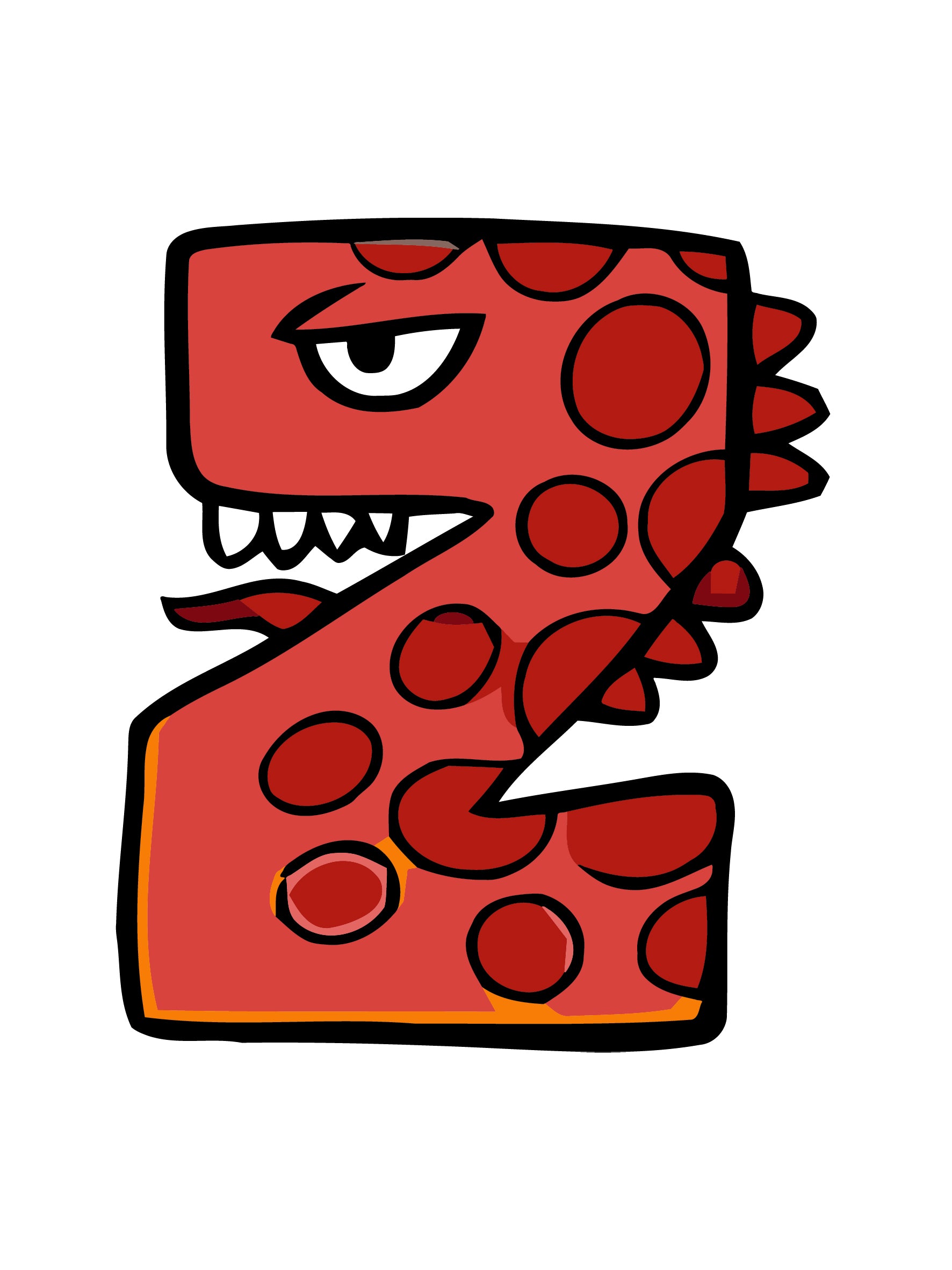 Red cartoon dinosaur with a grumpy expression on a white background