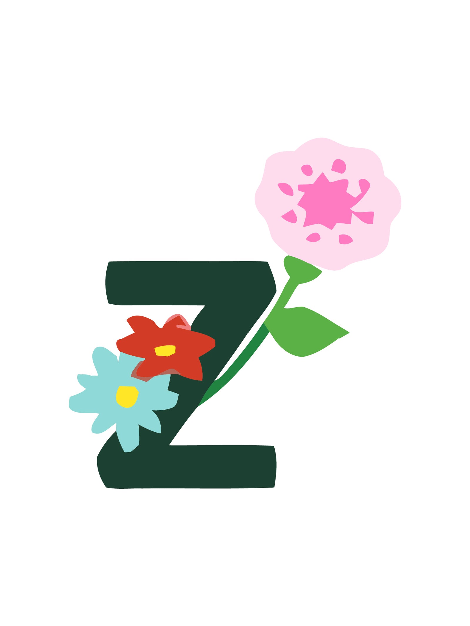 Buchstabe „Z“ mit bunten Blumen auf weißem Hintergrund