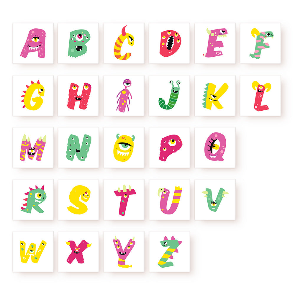 The kit features 26 mini canvases, each showcasing a goofy, colorful monster representing a letter of the alphabet. These friendly monsters have big eyes, tiny fangs, and wild expressions, making learning the ABCs a joyful and giggle-filled experience.