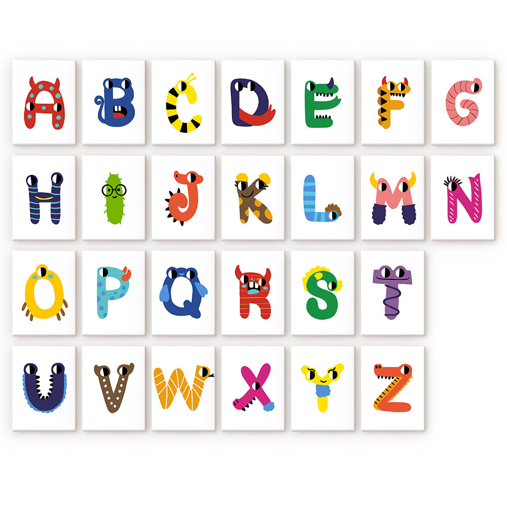 The kit features 26 mini canvases, each depicting a cheeky little monster representing a letter of the alphabet. Each monster has unique quirky details like stripes or spikes, making learning the ABCs fun and creative.