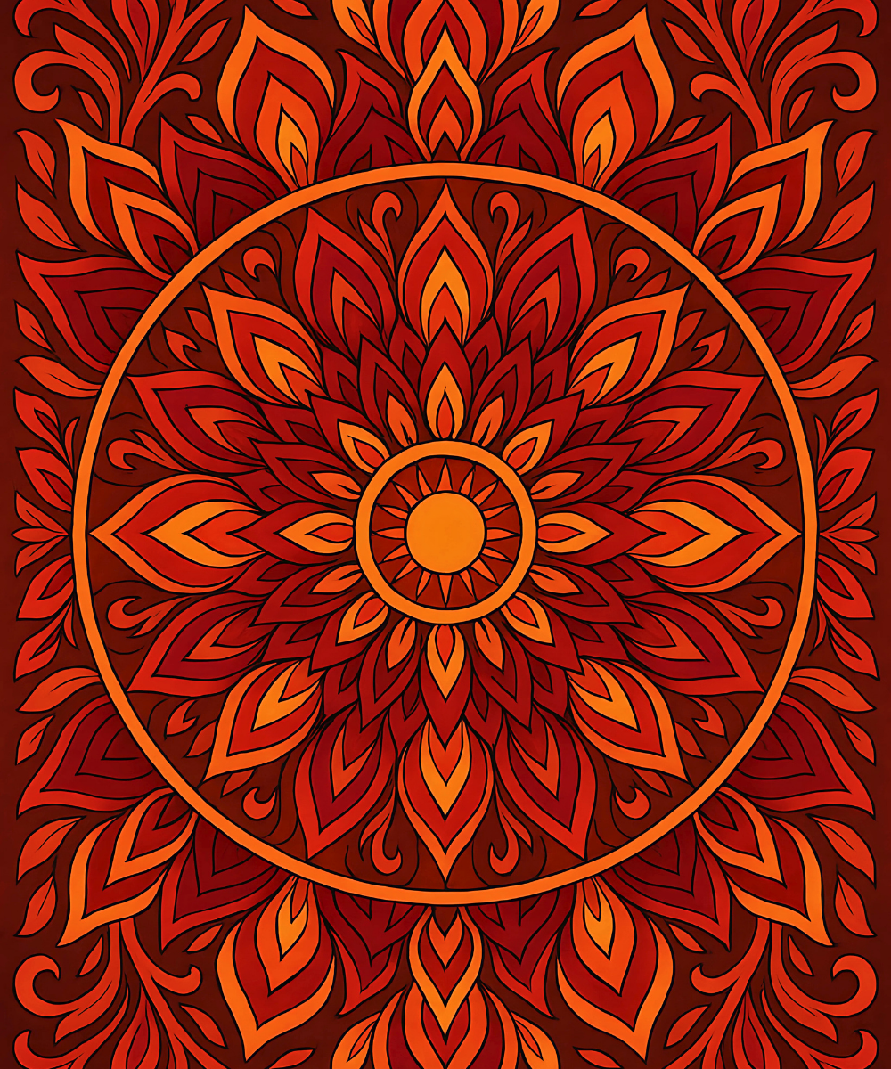 Ornate mandala design with warm colors on a dark red background