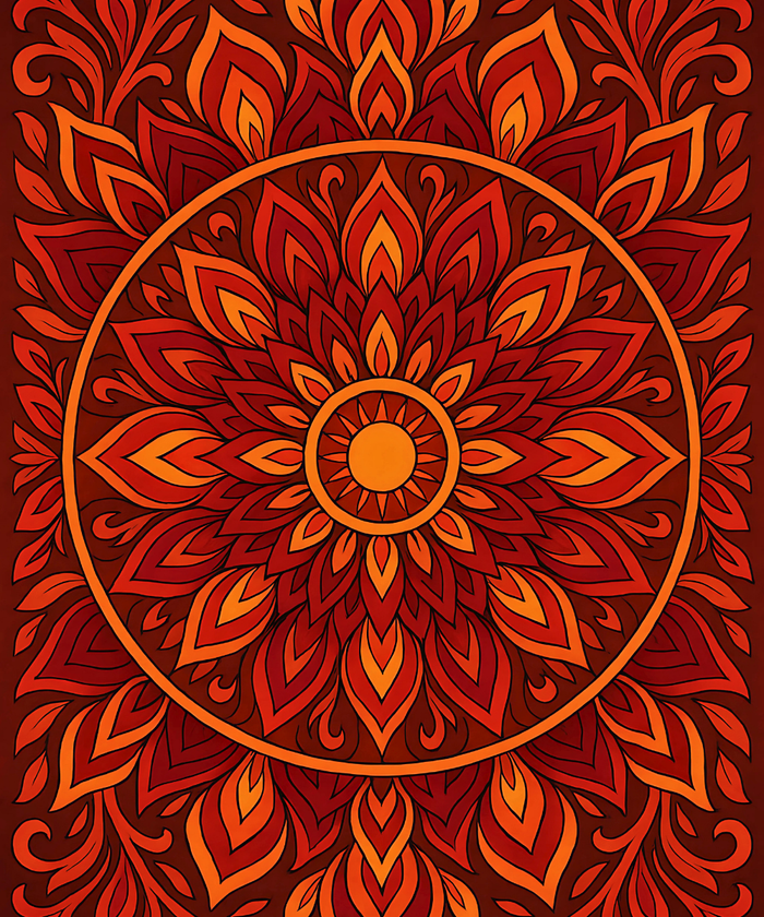 Ornate mandala design with warm colors on a dark red background