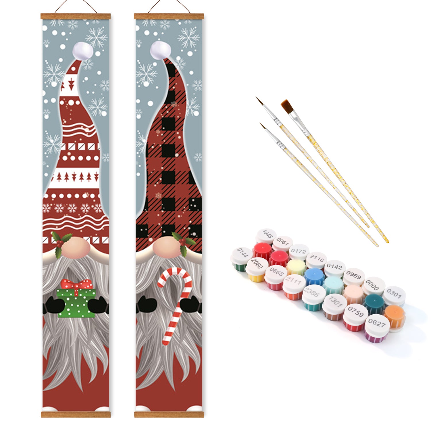 Two vertical painting canvases with gnomes, paintbrushes, and paint tubes on a white background