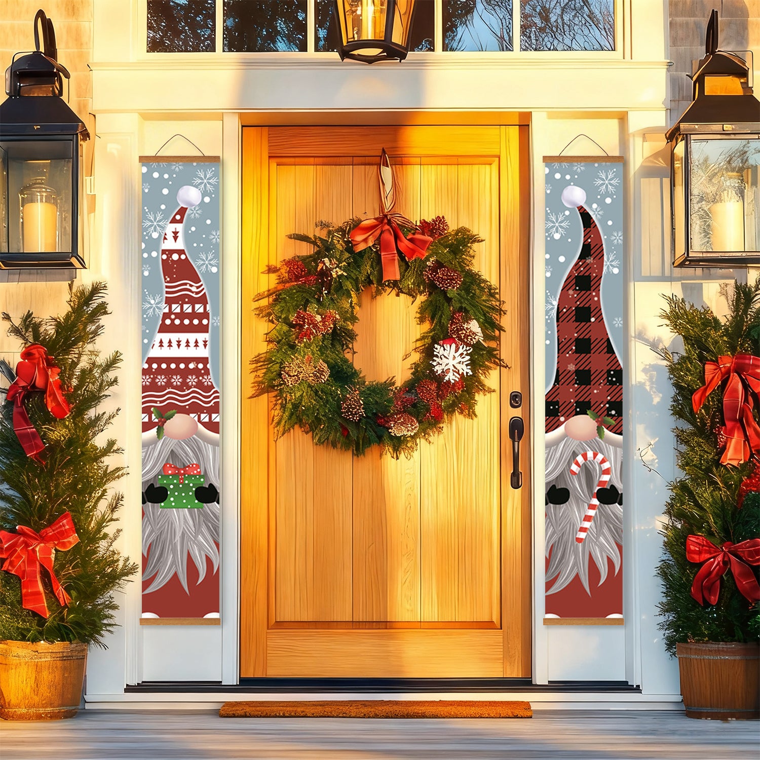 Front door with Christmas wreath and decorations on a festive porch.