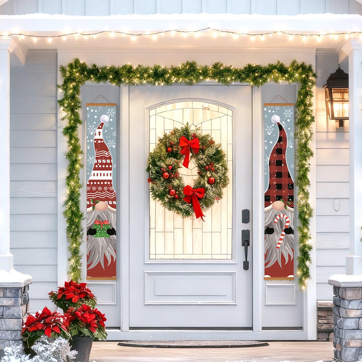 Decorative Christmas door with wreath, gnomes, and garland on a house exterior.
