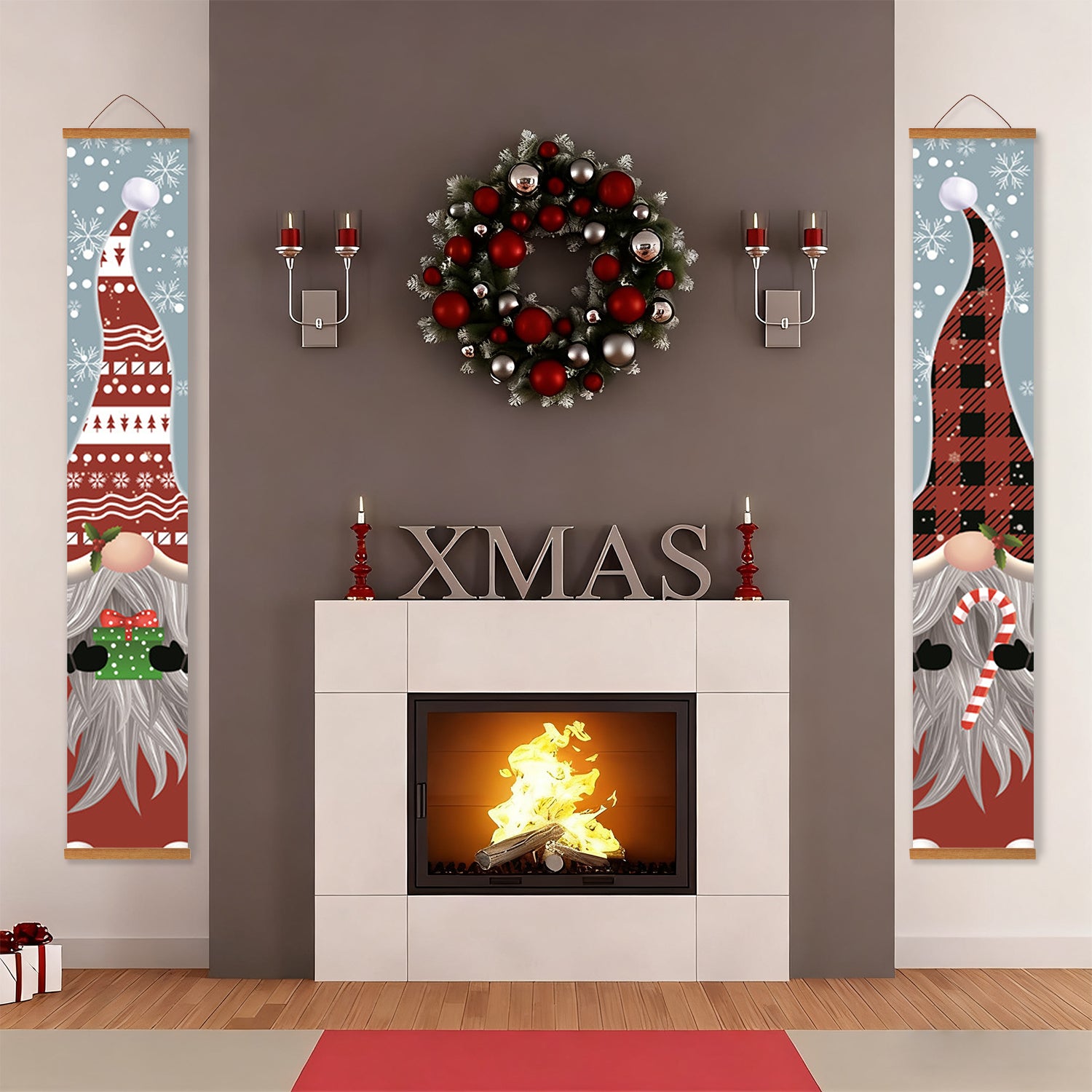 Decorative Christmas setting with a fireplace, wreath, and festive decorations.