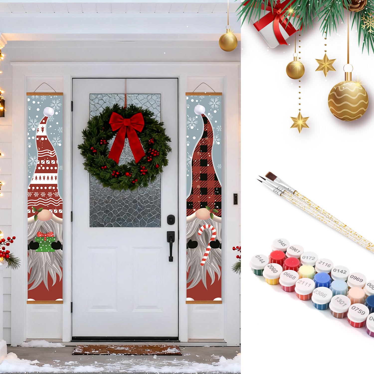 Decorative Christmas banners with gnomes and a wreath on a door, with paint supplies in the corner.
