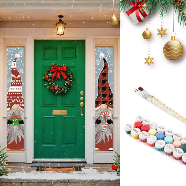 Decorative Christmas door with gnomes and wreath, paint cans, and brushes on a white background.