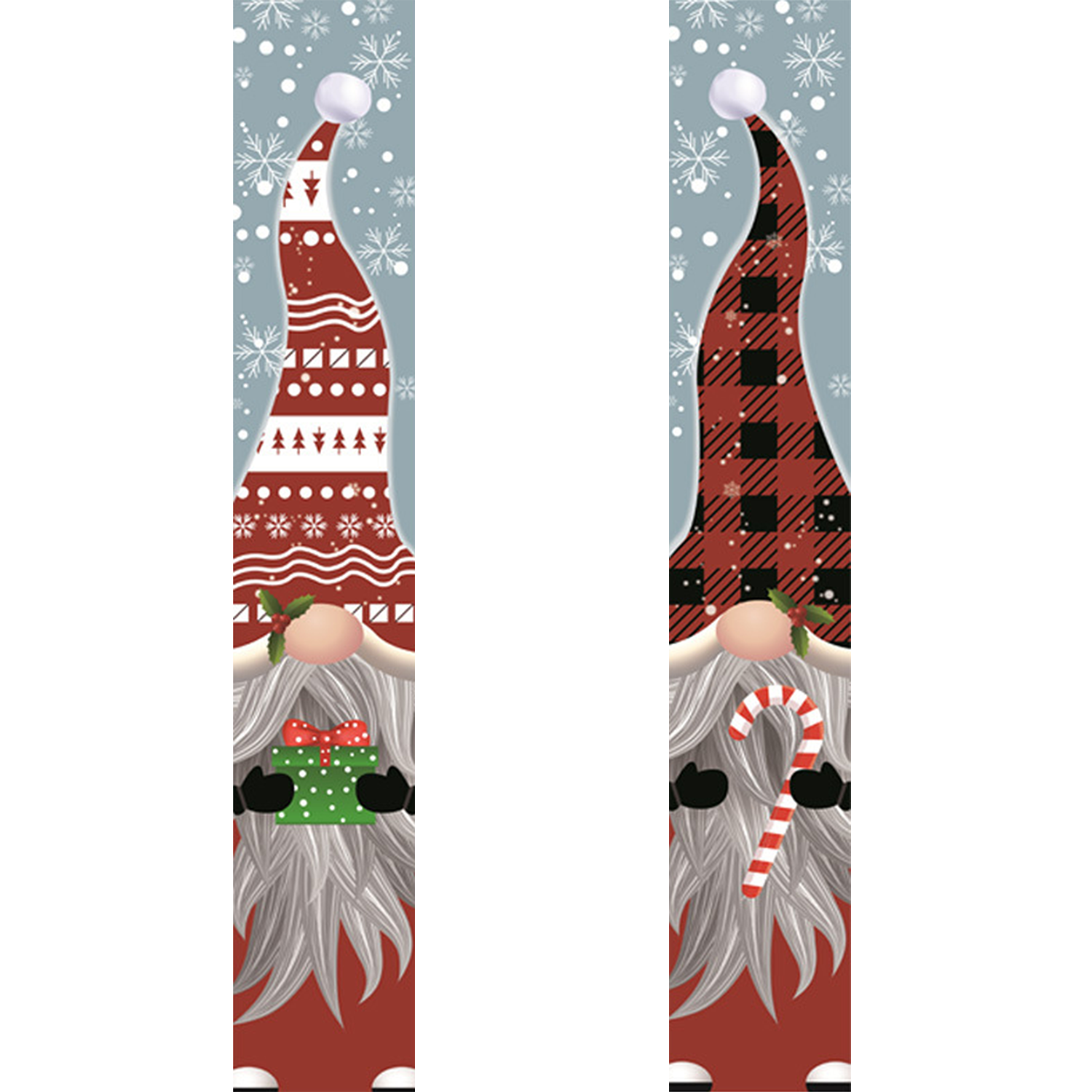 Two Christmas-themed gnomes with plaid hats on a snowy background