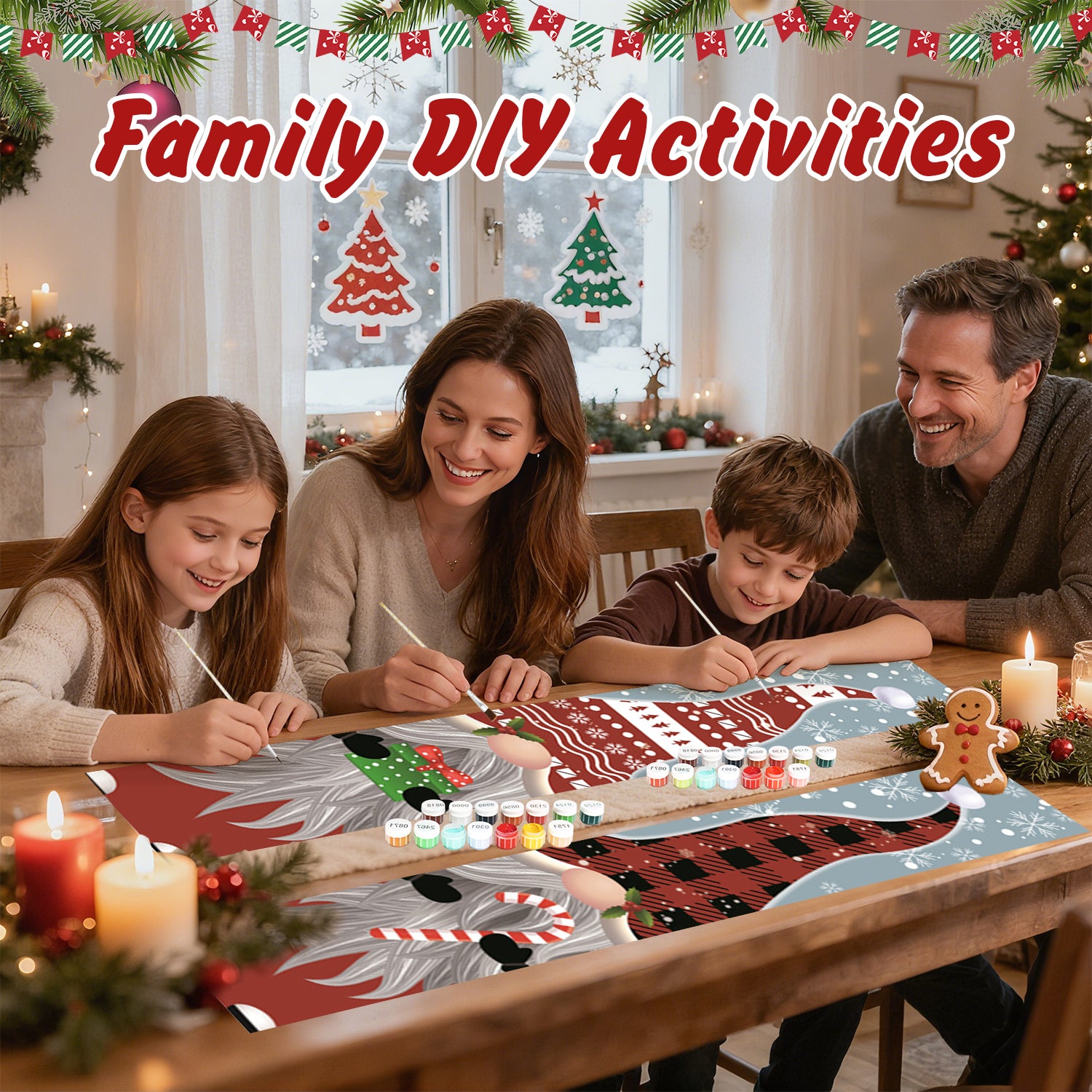 Family engaged in a DIY craft activity at a table with Christmas decorations.