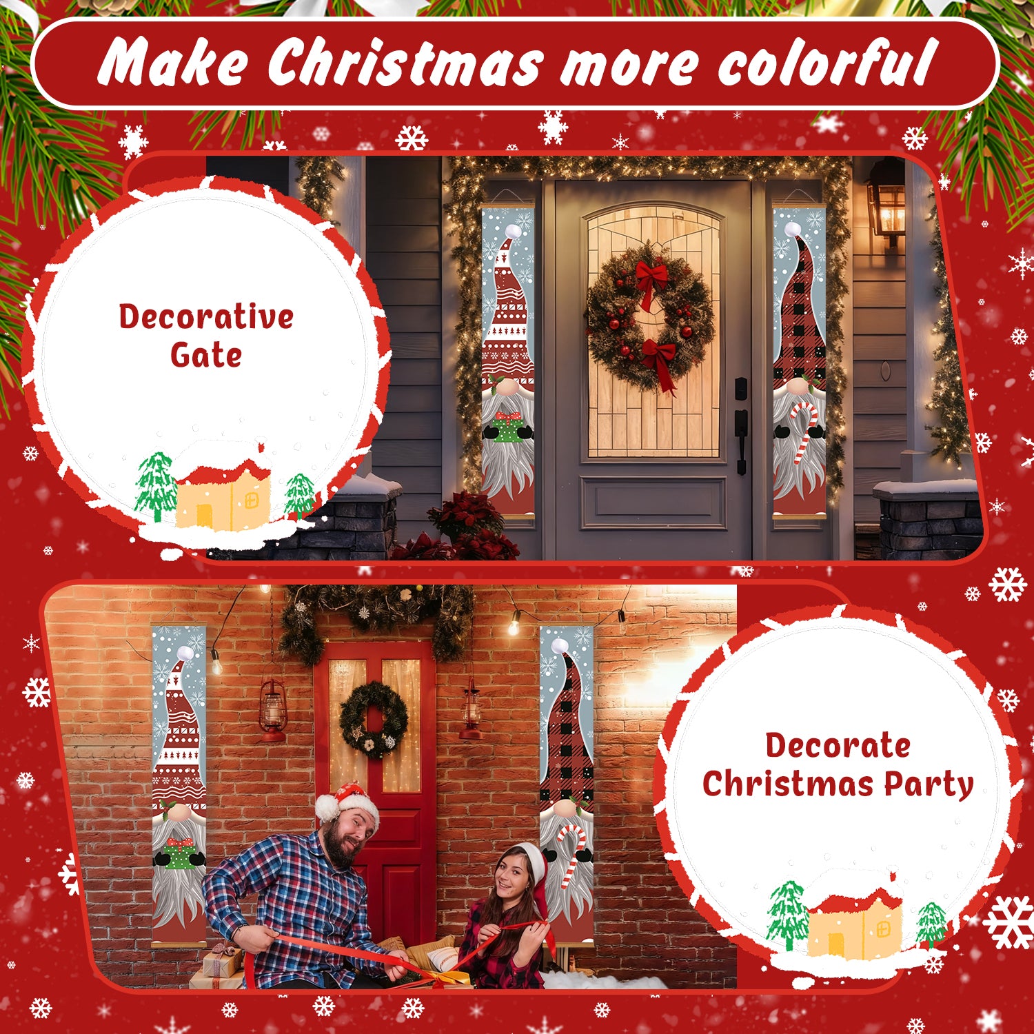 Decorative Christmas gate with festive decorations and people celebrating.