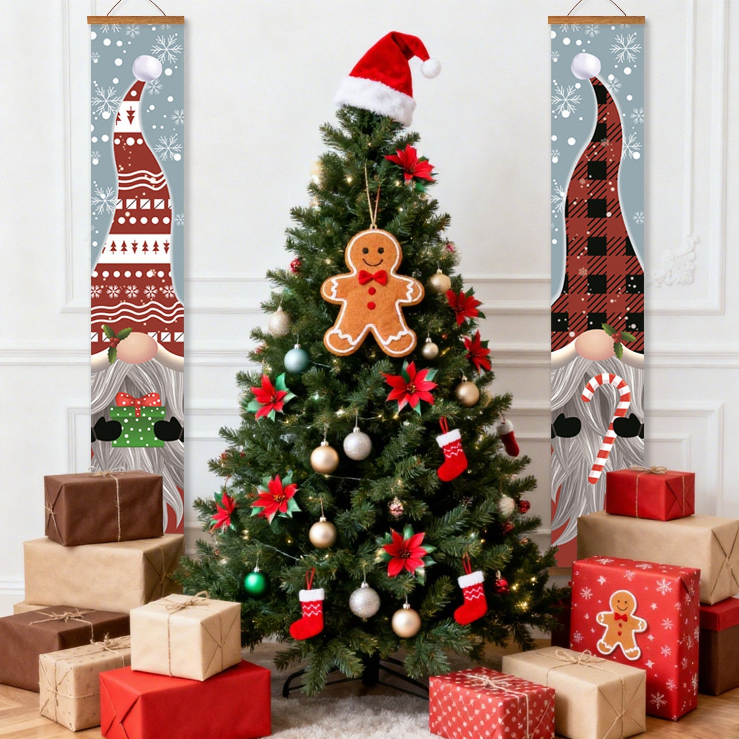 Decorated Christmas tree with ornaments and presents, surrounded by festive wall decorations.