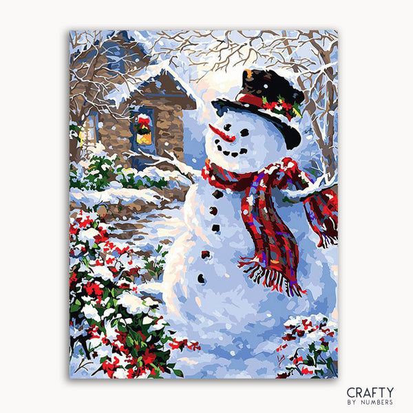 A painting of a cheerful snowman with a red scarf and hat, standing in a winter scene with snow-covered trees and a blue sky.