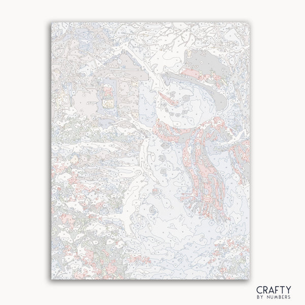 Snowman paint by numbers kit with bright winter scene for beginners.