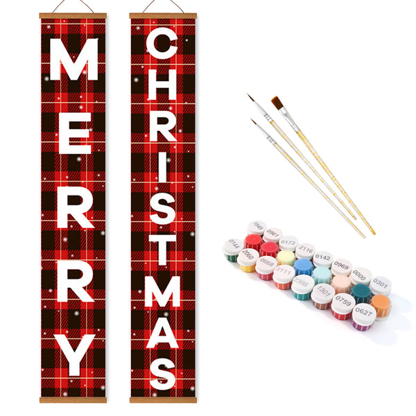 Red and White plaid Christmas banner with paint supplies on a white background
