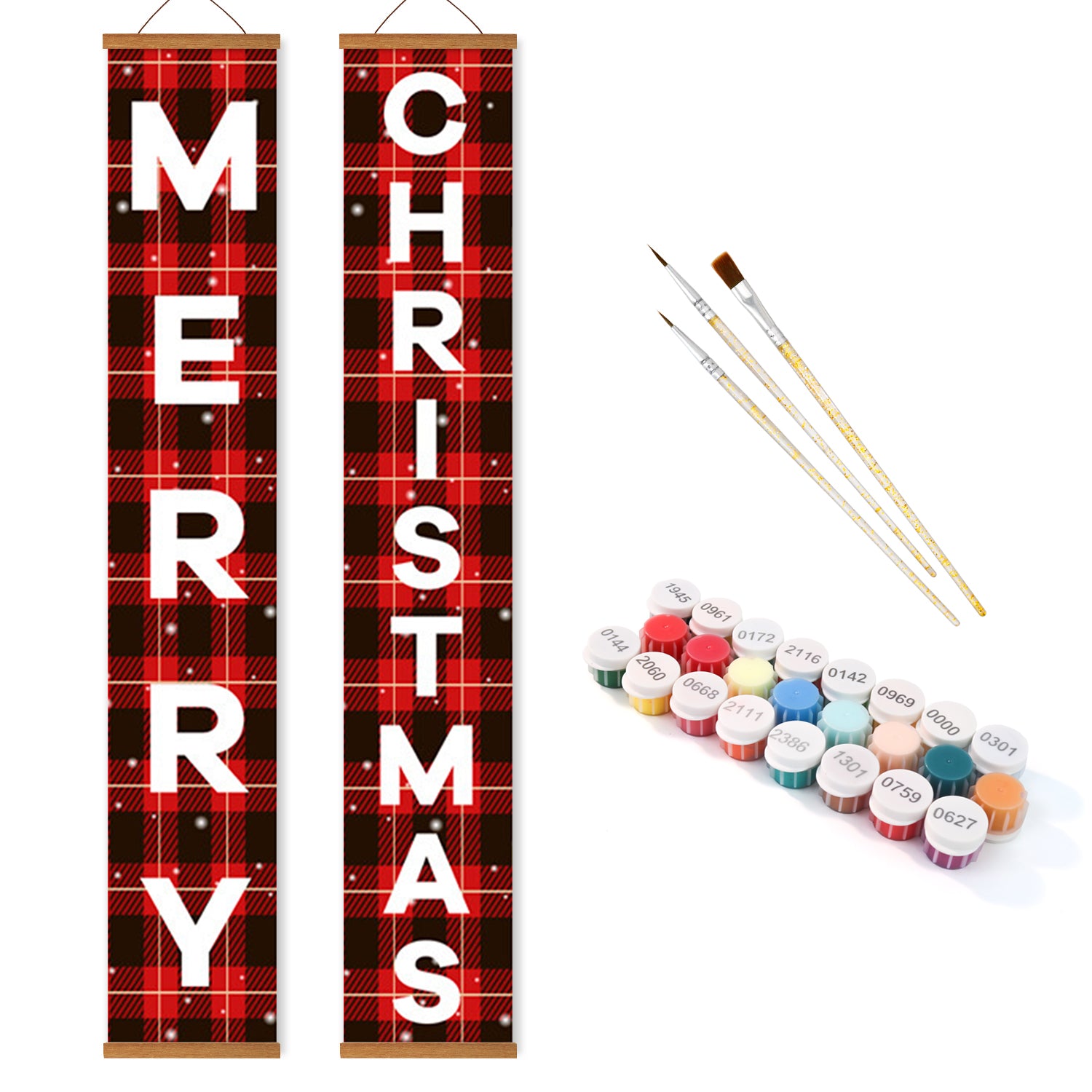 Red and White plaid Christmas banner with paint supplies on a white background