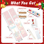 Christmas-themed paint kit with linen canvas, paints, brushes, and other supplies on a festive background.