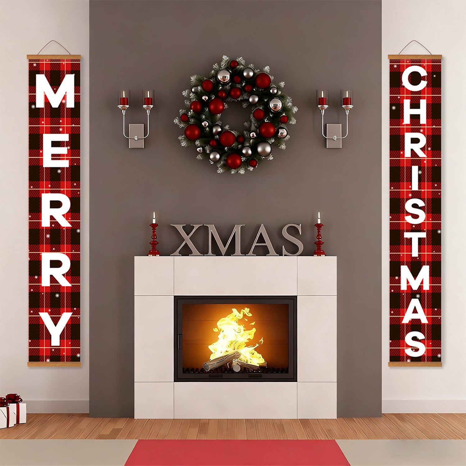 Decorative Christmas scene with a fireplace, wreath, and 'Merry Christmas' banners.