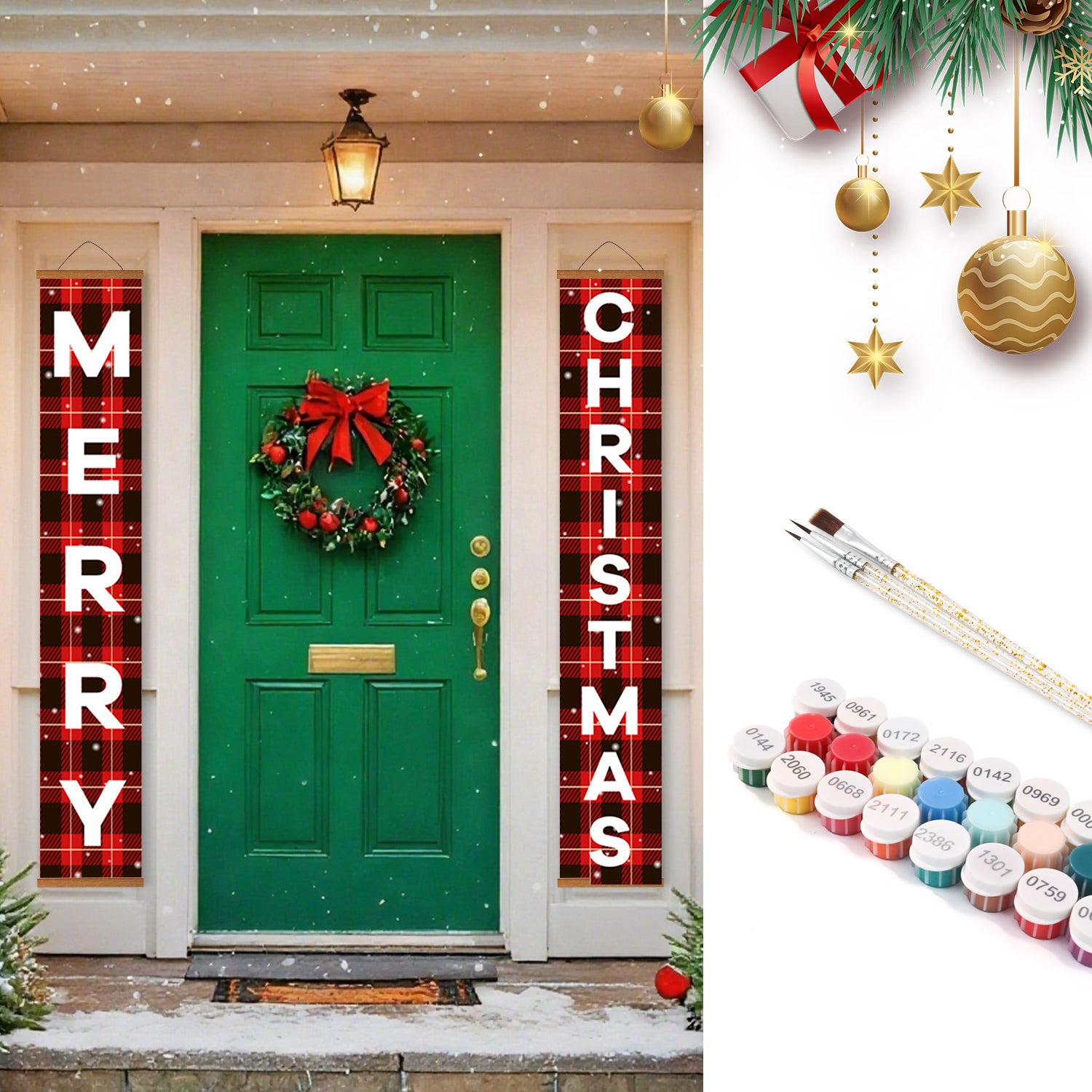Pancartas navideñas decorativas con "Feliz Navidad" en una puerta verde, rodeadas de decoraciones festivas.
