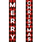 Two vertical banners with 'Merry Christmas' text on a red and black plaid pattern.